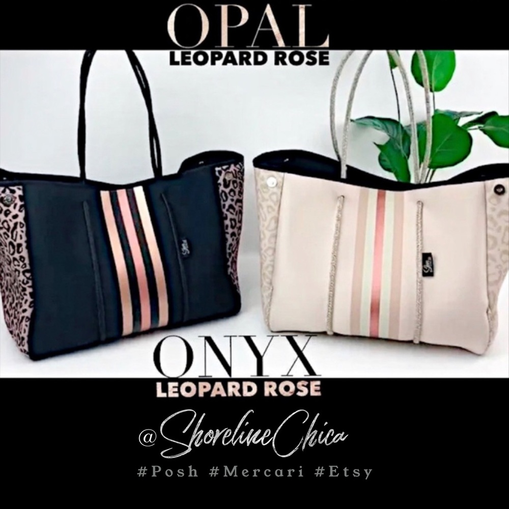 NWT © Opal / Onyx Leopard Rose 2.0 Tote smooth cream or black neoprene rose gold